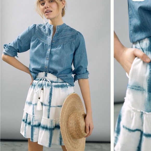 Anthropologie PILCRO Tie Dye Mini Skirt Blue White Tie Waist Tiered Sz S - Picture 1 of 15